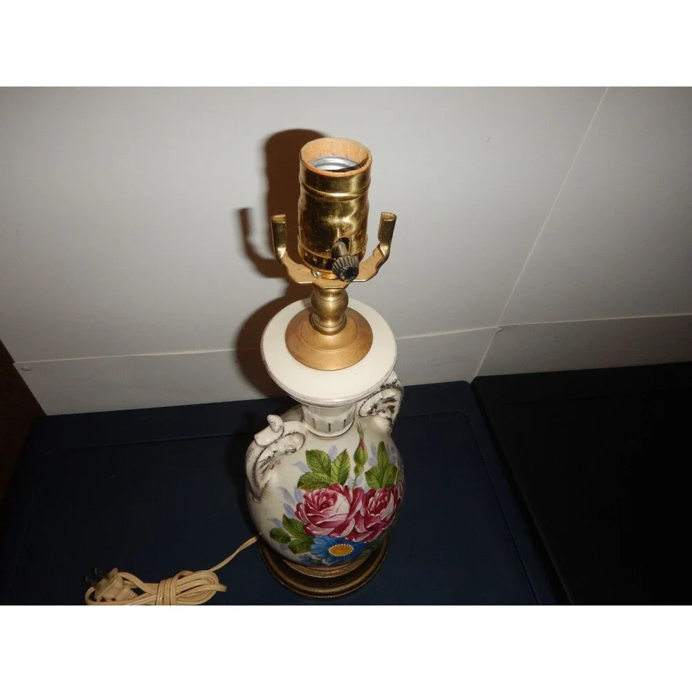 Vintage Porcelain Urn Table Lamp Roses Gold Scroll Handles Floral Hand Decorated
